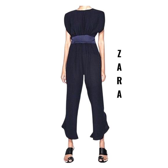 ZARA Jumpsuit SZ S Navy Blue Sleeveless Frilled Leg Sash Waist Ankle Length - Picture 1 of 14